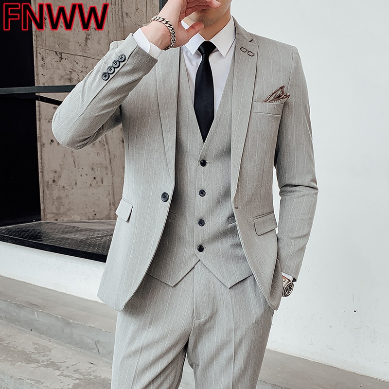 Men'S Urban Formal Wear - Men's Korean Style Three-Piece Plaid Suit