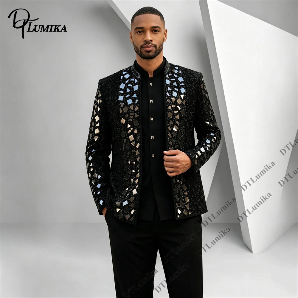 Men Formal Wear Pants - Men Black Mandarin Collar Suit Mirror