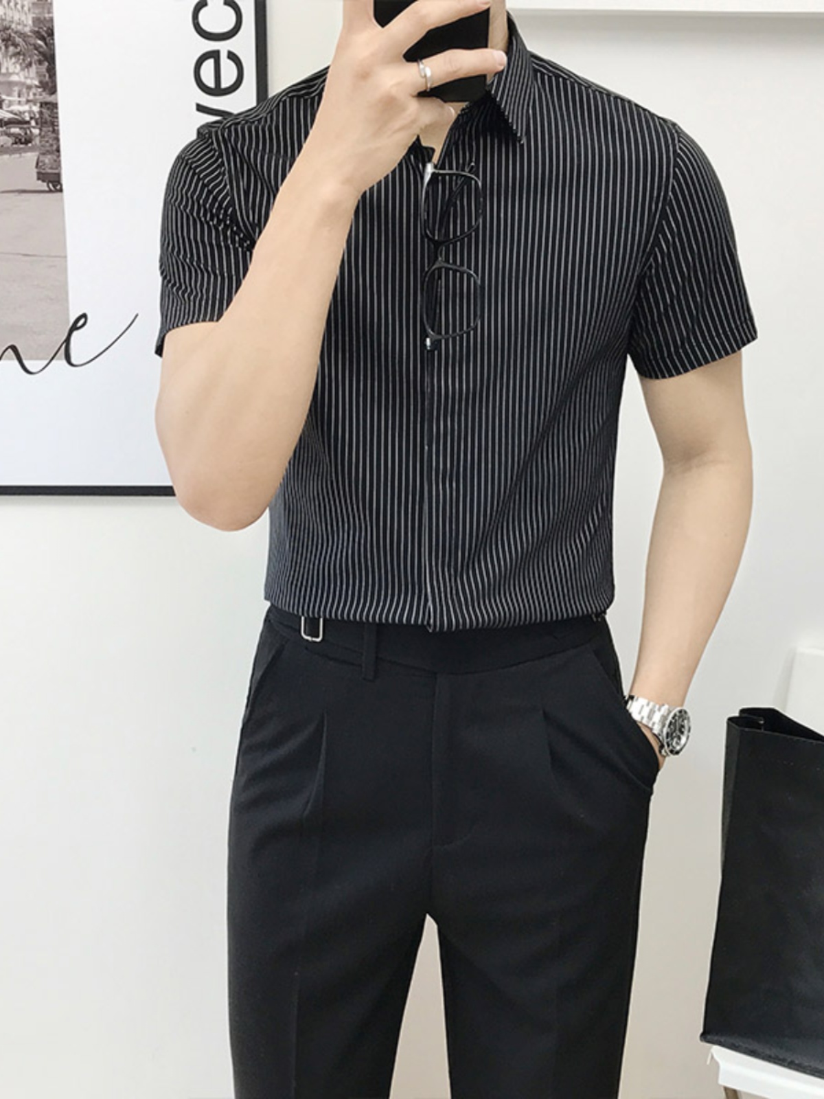 Slim Fit Striped ort Sve irt f - Men'S Urban Formal Wear ulasan dan harga