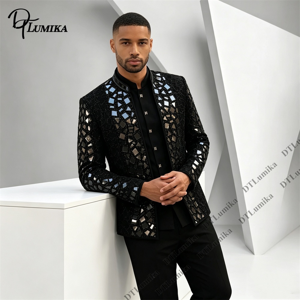 Men Black Mandarin Collar Suit - Men Formal Wear Pants ulasan dan harga