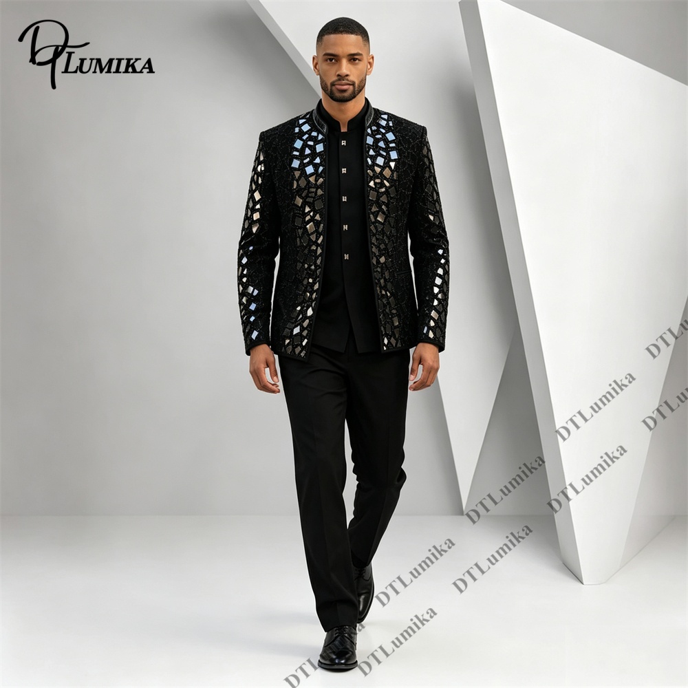 Men Black Mandarin Collar Suit - Men Formal Wear Pants ulasan dan harga