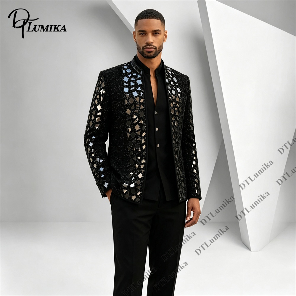 Men Black Mandarin Collar Suit - Men Formal Wear Pants ulasan dan harga