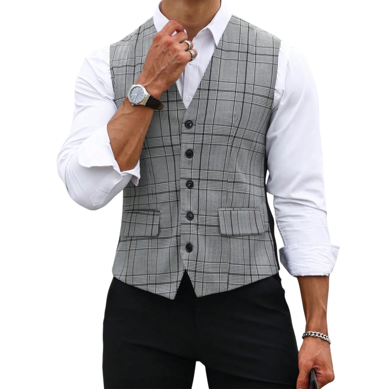 Men Grey Plaid Suit Vest Slim  - Men Formal Wear Vest ulasan dan harga
