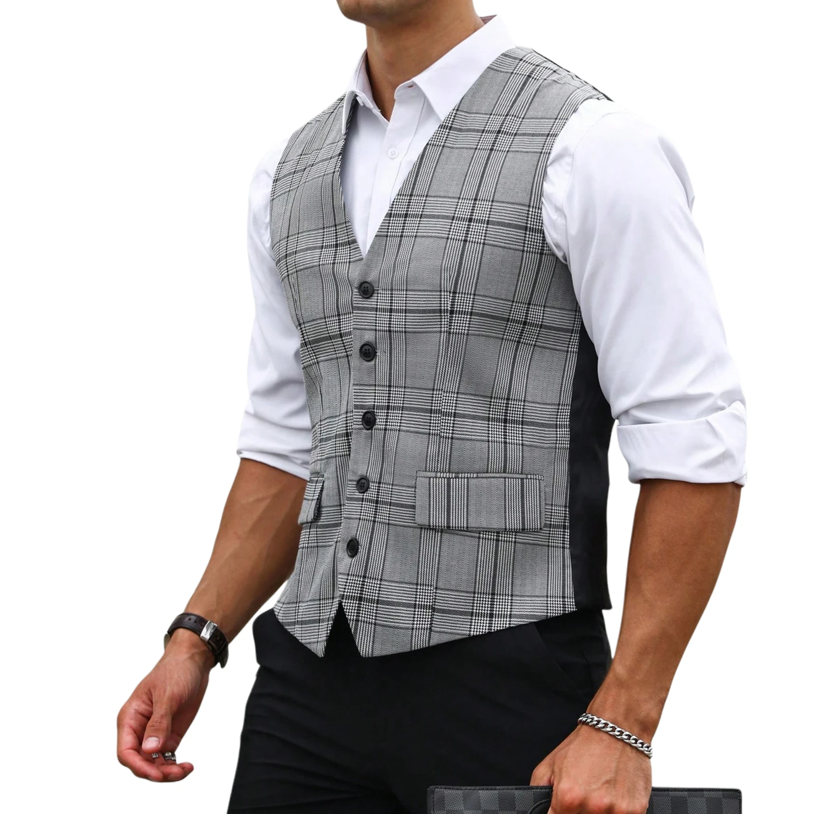 Men Grey Plaid Suit Vest Slim  - Men Formal Wear Vest ulasan dan harga