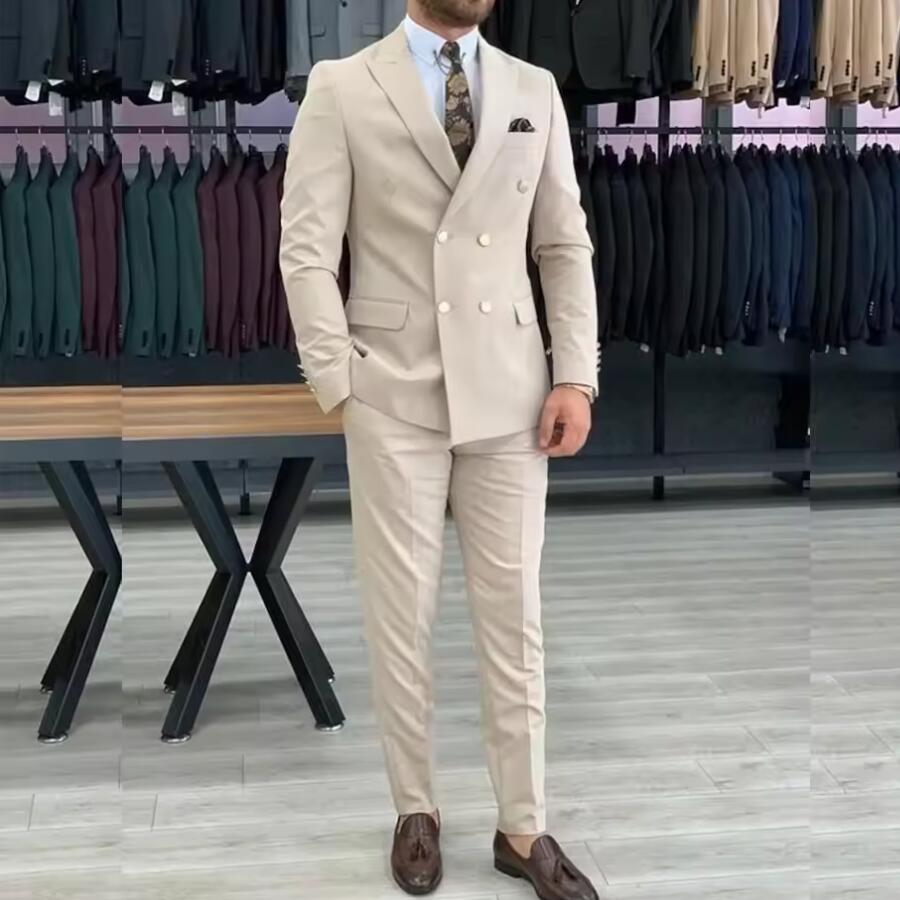 New Beige Men Suits Double Bre - Men Formal Wear Wedding ulasan dan harga