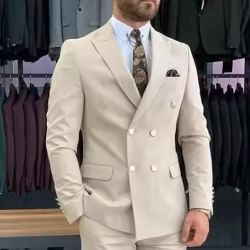 New Beige Men Suits Double Bre - Men Formal Wear Wedding ulasan dan harga